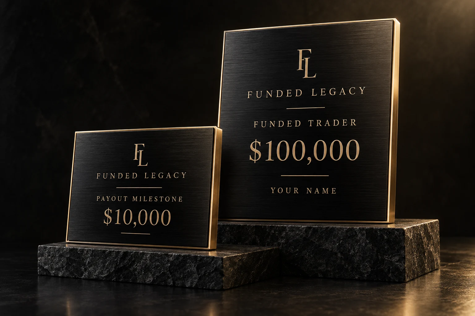 Funded Legacy — sample black and gold trader plaques